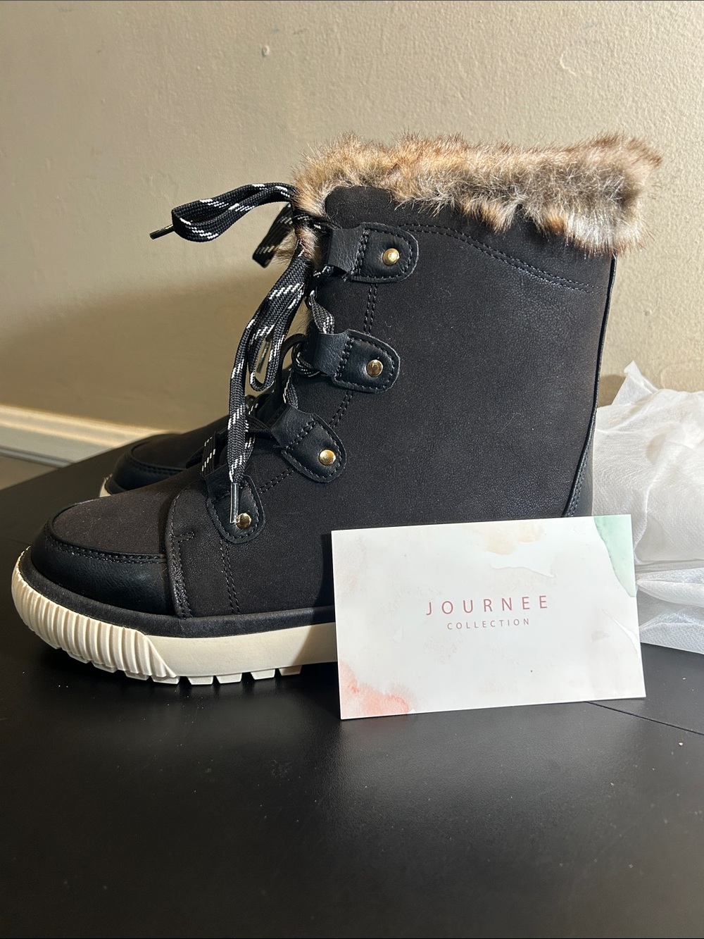 Journee Collection Glacier Black Faux-Fur Trim Lace-Up Ankle Boots 8.5 New
